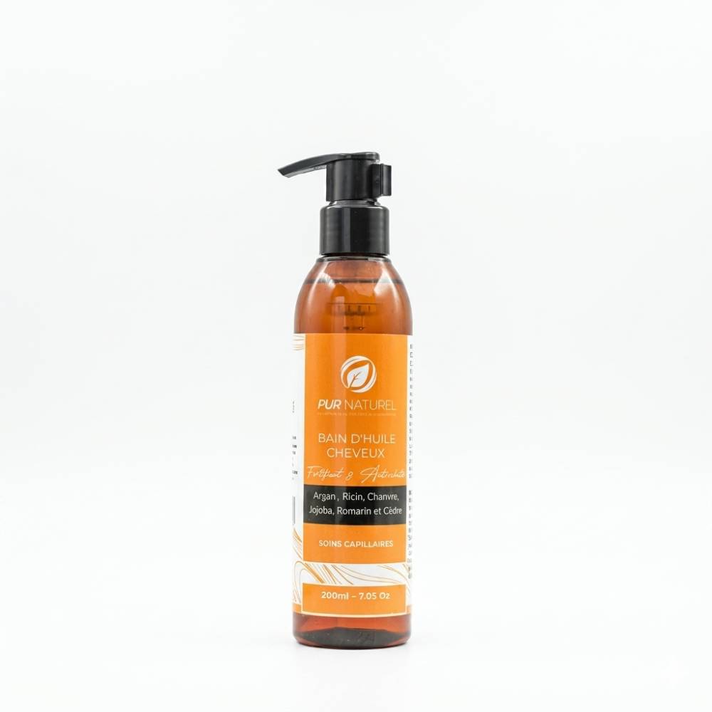  Huile capillaire fortifiante et hydratante Pur Naturel, 200 ml, aux huiles d’argan, ricin, chanvre, jojoba, romarin et cèdre.