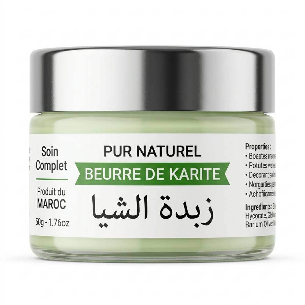 Beurre de karité bio du Maroc, soin complet hydratant pour peau et cheveux, pot de 50g.