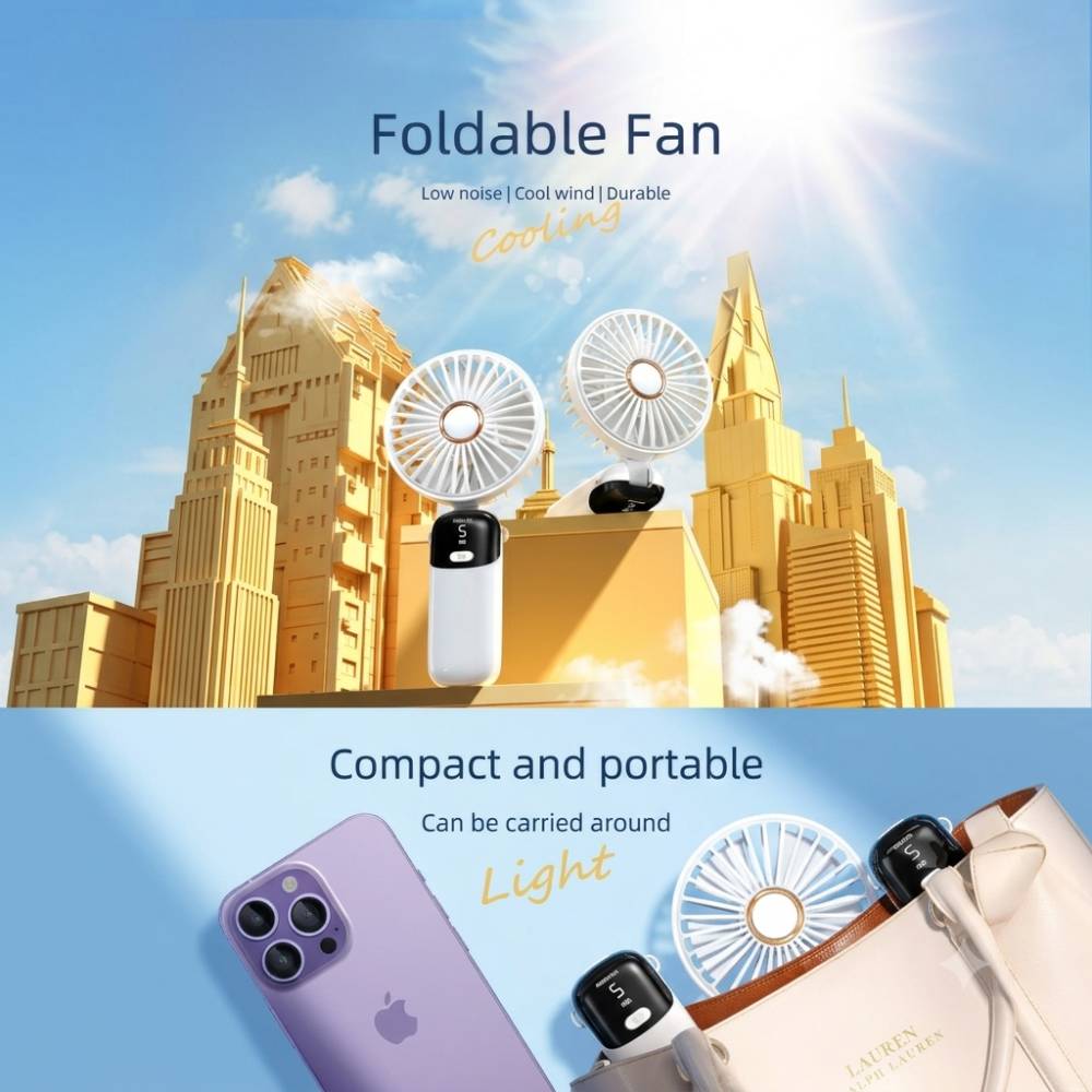 Ventilateur de poche rechargeable et silencieux – blanc, rose, vert et bleu, idéal pour l’été.