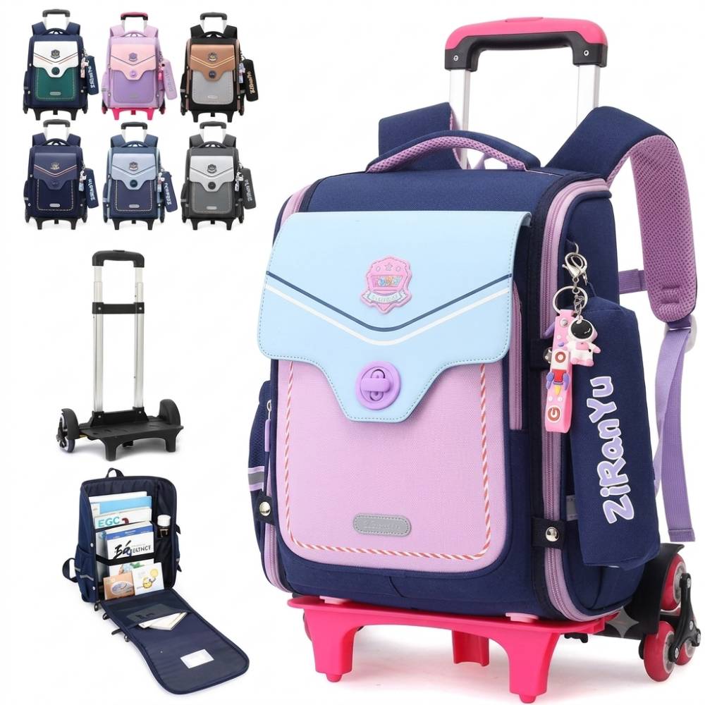 Sac scolaire à roulettes pour enfant, design moderne rose et bleu, avec compartiment principal spacieux, poignée télescopique, roulettes silencieuses et organisation intérieure pratique.