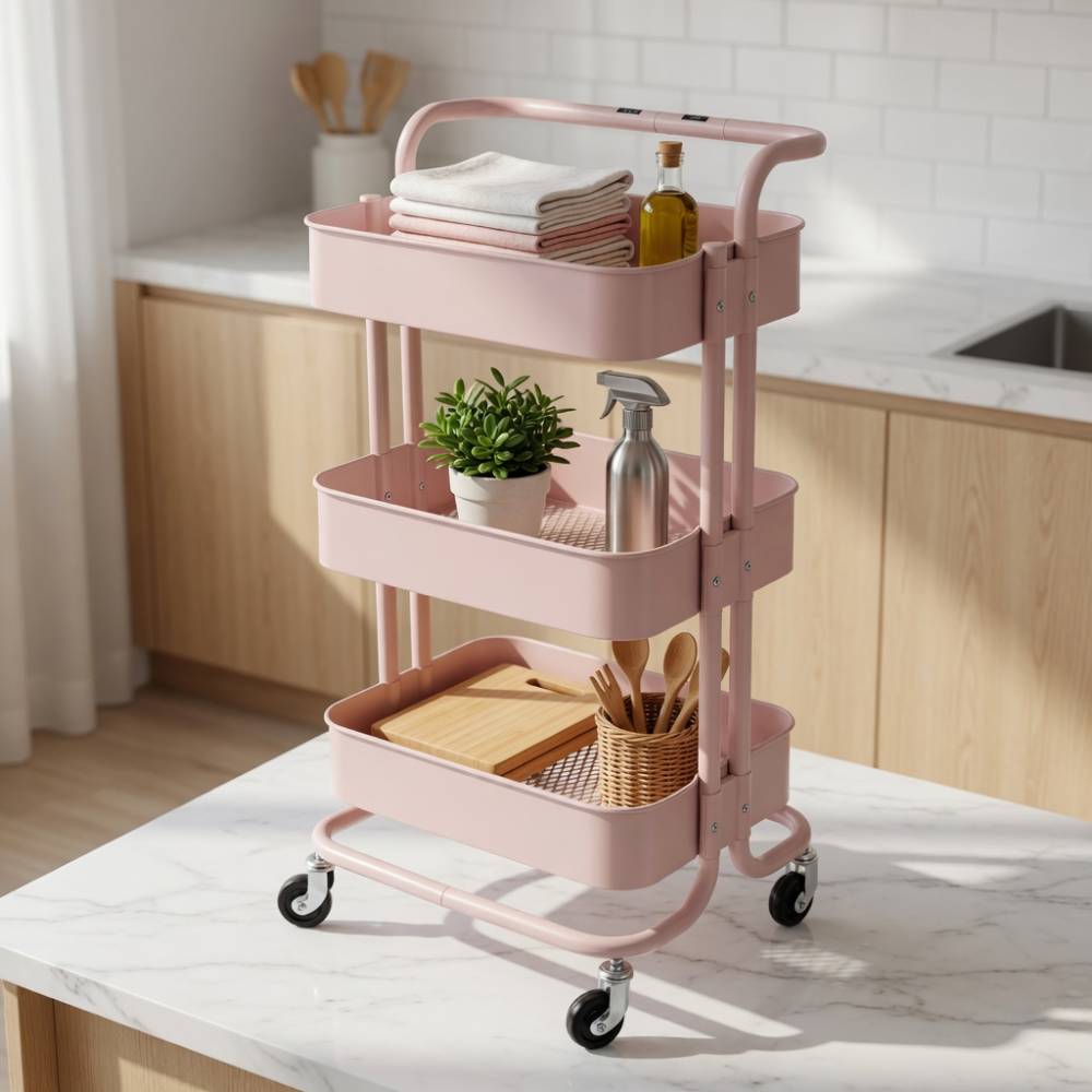Chariot de cuisine rose à 3 niveaux, mobile et pratique, idéal pour le rangement des ustensiles, aliments ou accessoires, avec structure robuste et design élégant.