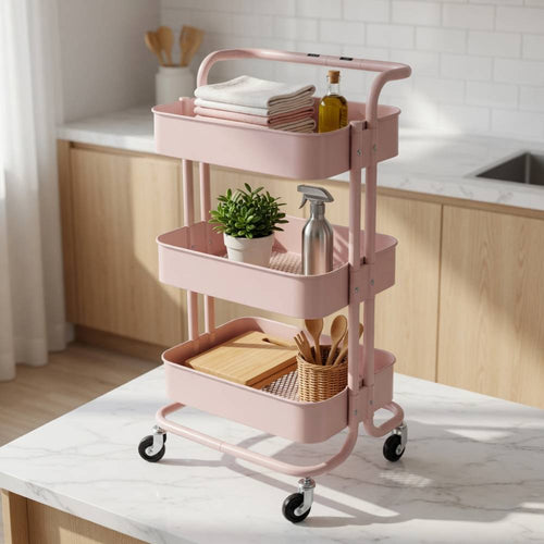 Chariot de cuisine rose à 3 niveaux, mobile et pratique, idéal pour le rangement des ustensiles, aliments ou accessoires, avec structure robuste et design élégant.