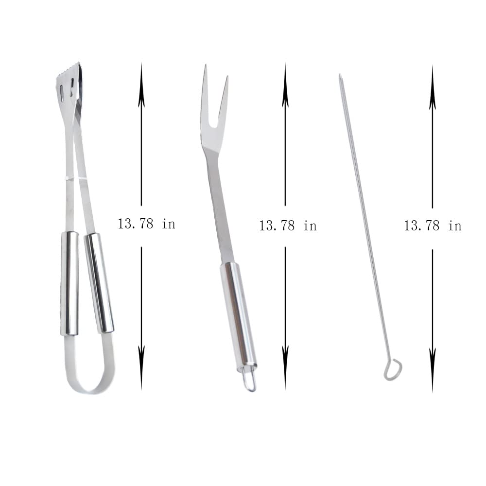 Set de 9 ustensiles de barbecue en acier inoxydable avec poignées métalliques et anneaux de suspension, présenté dans un coffret de transport zippé élégant et pratique, idéal pour grillades en extérieur.