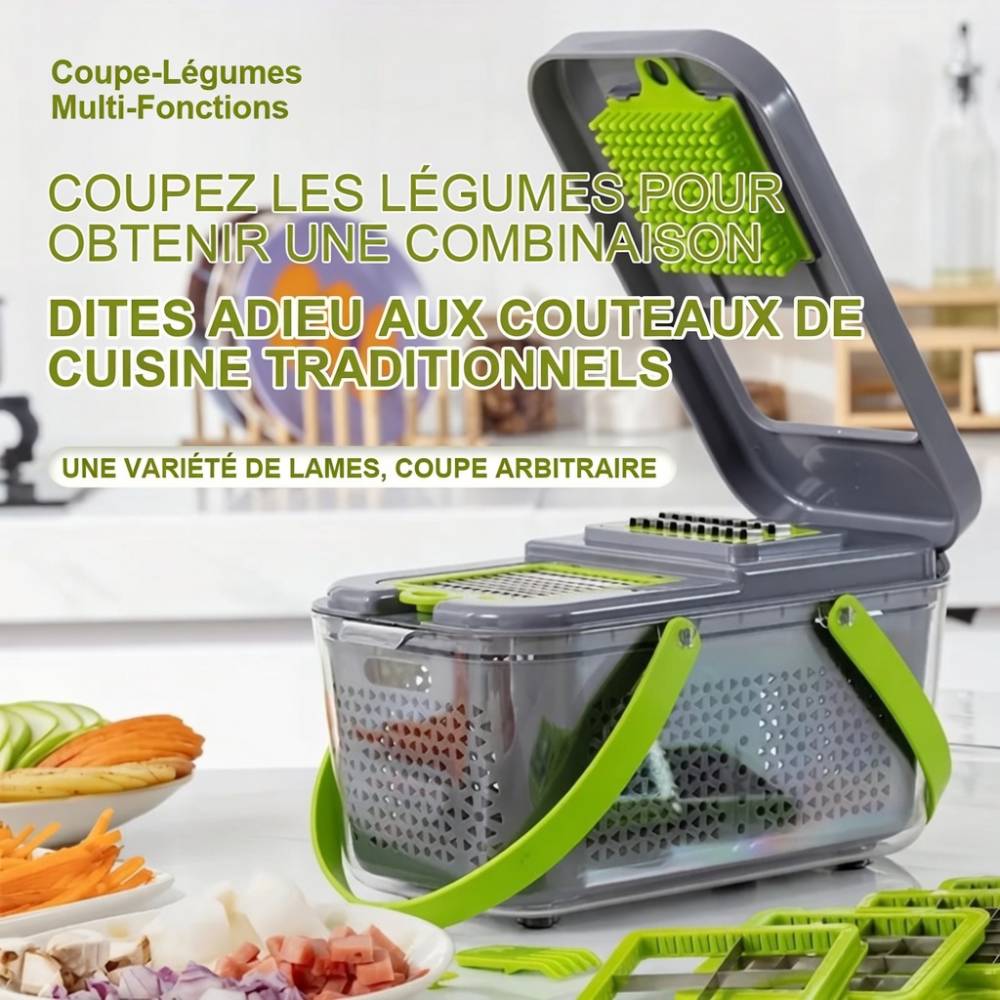 Coupe‑légumes multifonction compact avec récipient transparent intégré, poignées robustes et design moderne, idéal pour hacher et trancher facilement les légumes.