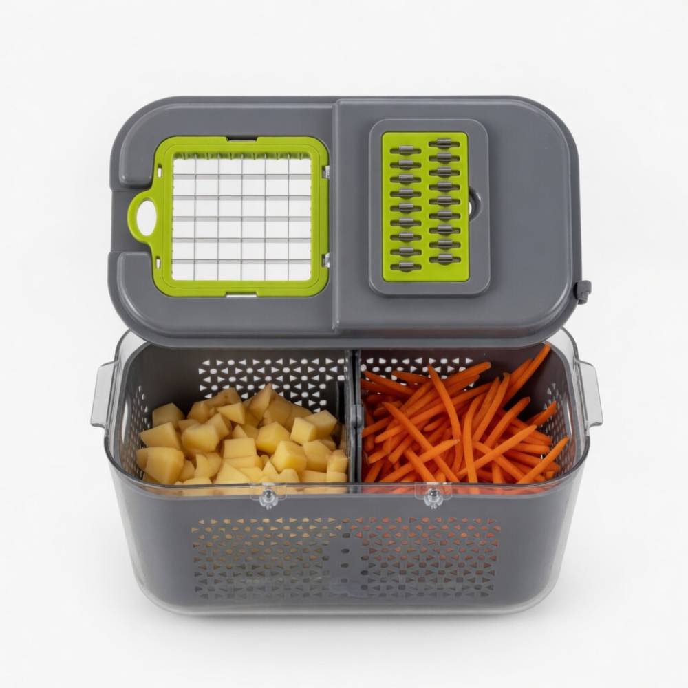 Coupe‑légumes multifonction compact avec récipient transparent intégré, poignées robustes et design moderne, idéal pour hacher et trancher facilement les légumes.