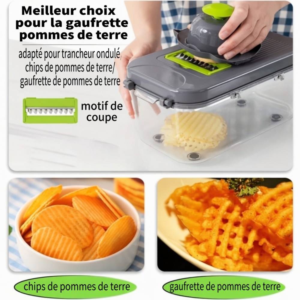 Coupe‑légumes multifonction gris et vert avec récipient transparent, utilisé pour trancher des pommes de terre en chips ondulées et gaufrettes, outil de cuisine pratique et compact.