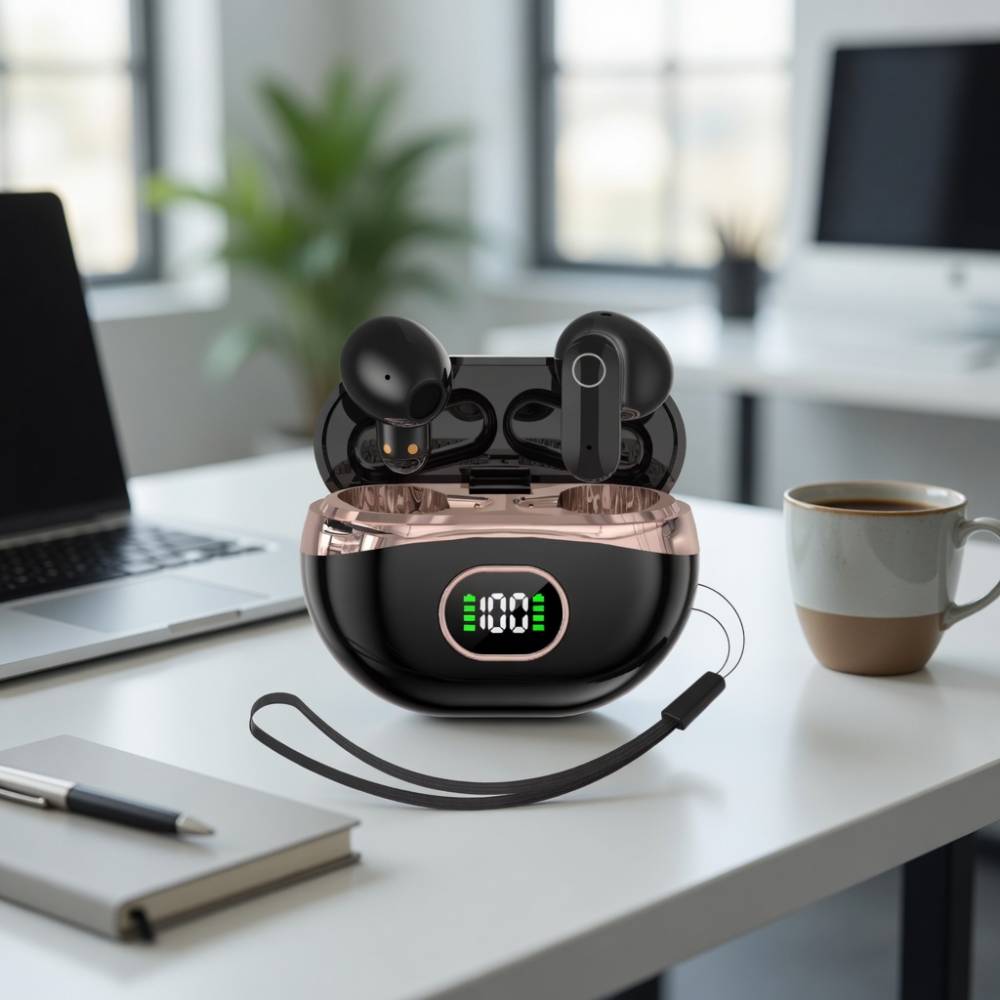 Écouteurs Bluetooth Pro8 sans fil avec boîtier de charge noir et rose‑doré, affichage digital 100% batterie, son HD et autonomie 30h, design compact et élégant avec dragonne.