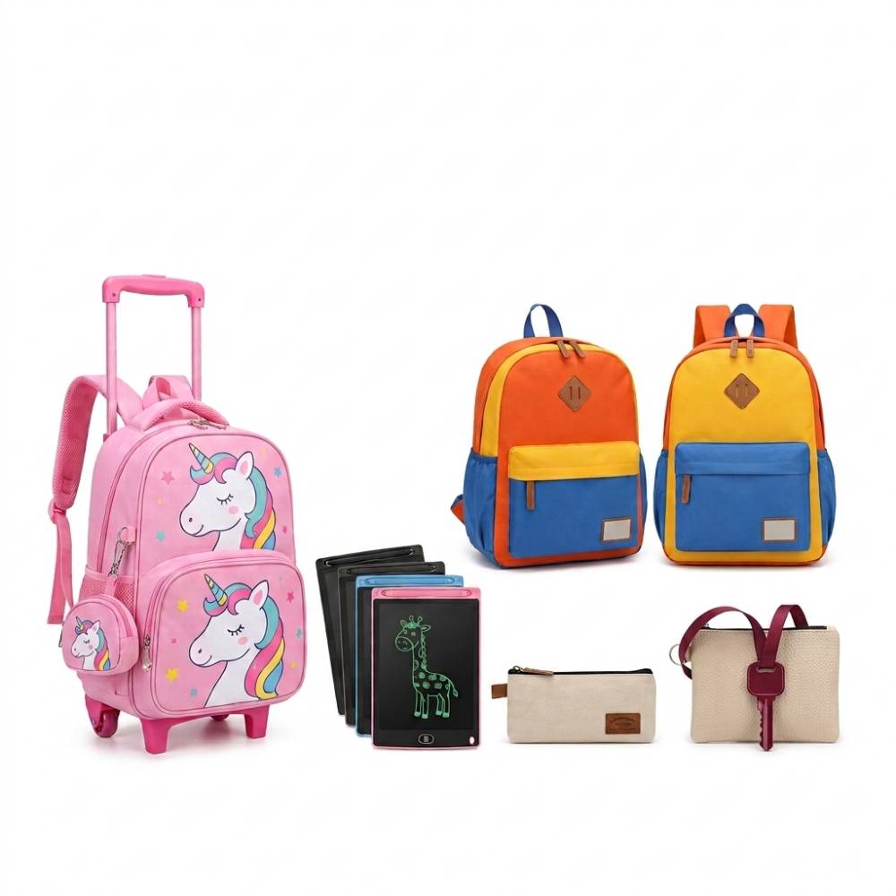 Fournitures scolaires complètes : sac à dos licorne, ardoises magnétiques, trousses et accessoires colorés pour la rentrée.