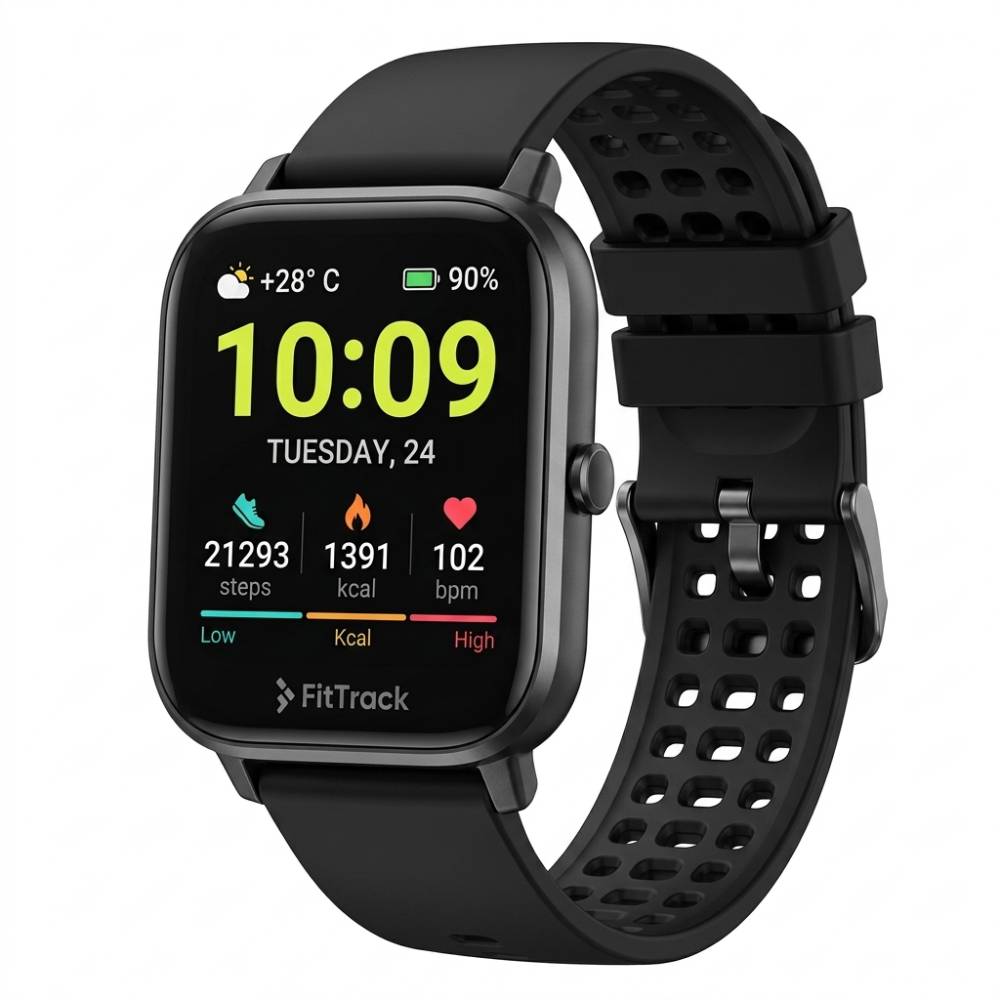 Smartwatch FLOWER noire, suivi santé et sport, notifications, écran couleur multifonctions.
