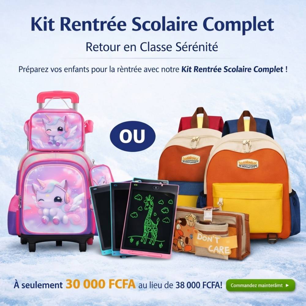 Fournitures scolaires complètes : sac à dos licorne, ardoises magnétiques, trousses et accessoires colorés pour la rentrée.