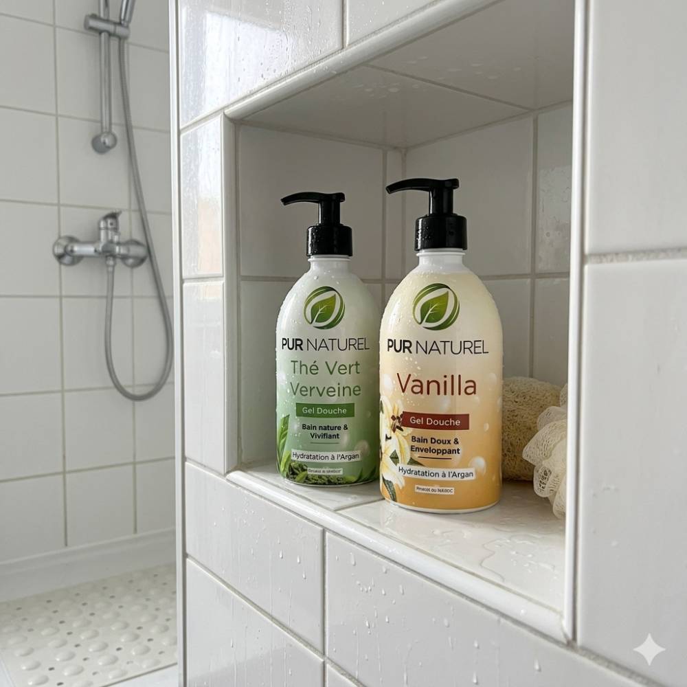Gel douche Pur Naturel à la vanille, enrichi en huile d’argan hydratante. Bain doux et enveloppant, produit du Maroc pour une peau nourrie et parfumée.