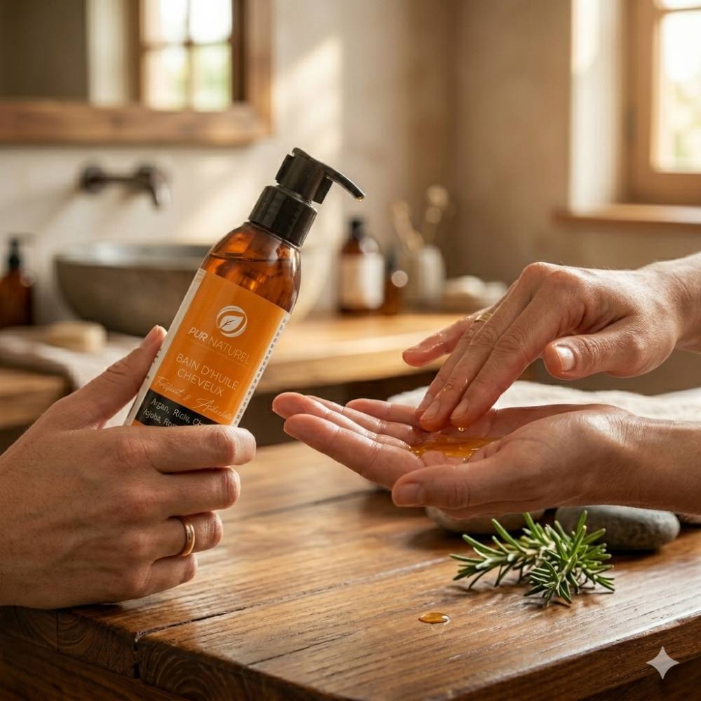 Huile capillaire fortifiante et hydratante Pur Naturel, 200 ml, aux huiles d’argan, ricin, chanvre, jojoba, romarin et cèdre.