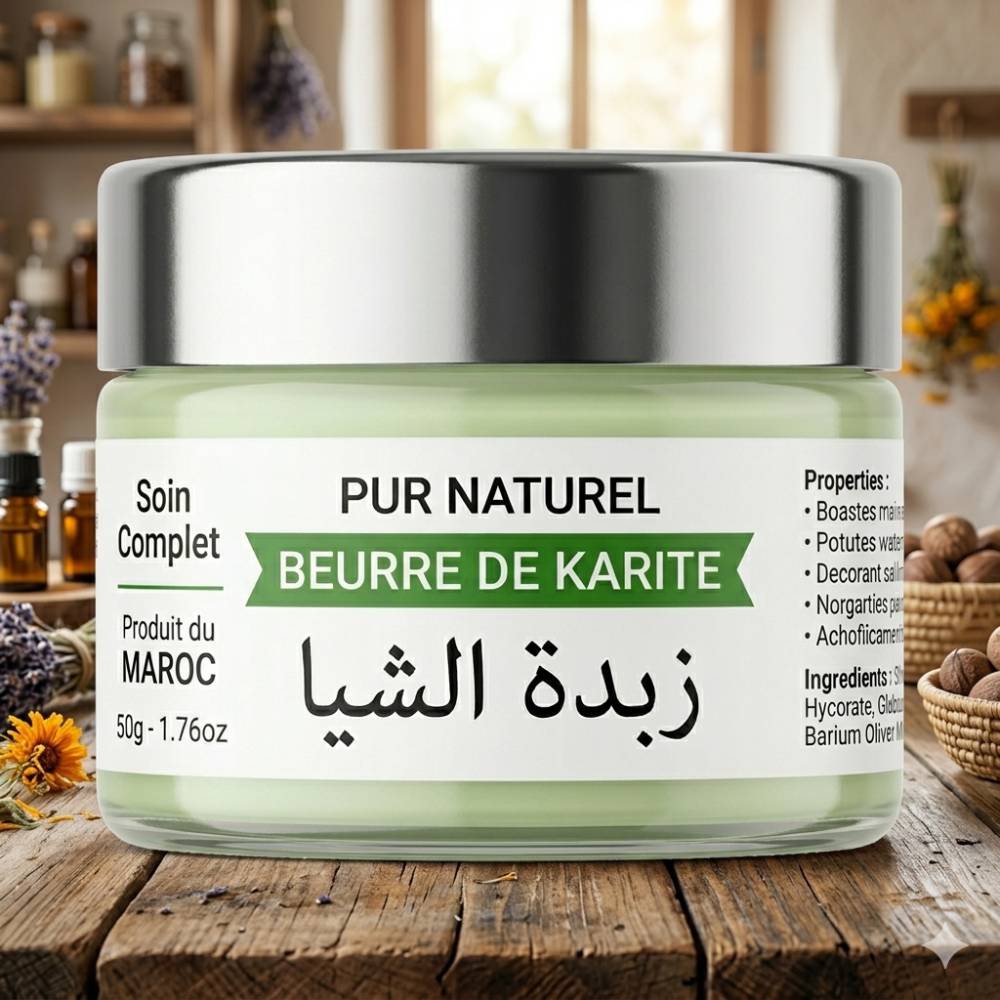 Beurre de karité bio du Maroc, soin complet hydratant pour peau et cheveux, pot de 50g.