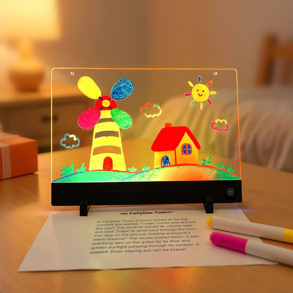 Tablette lumineuse de dessin pour enfants, en acrylique rétroéclairé avec marqueurs effaçables multicolores, base antidérapante et bouton tactile marche/arrêt, alimentée par batterie rechargeable.