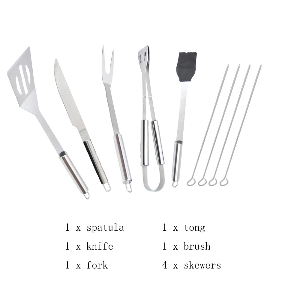 Set de 9 ustensiles de barbecue en acier inoxydable avec poignées métalliques et anneaux de suspension, présenté dans un coffret de transport zippé élégant et pratique, idéal pour grillades en extérieur.