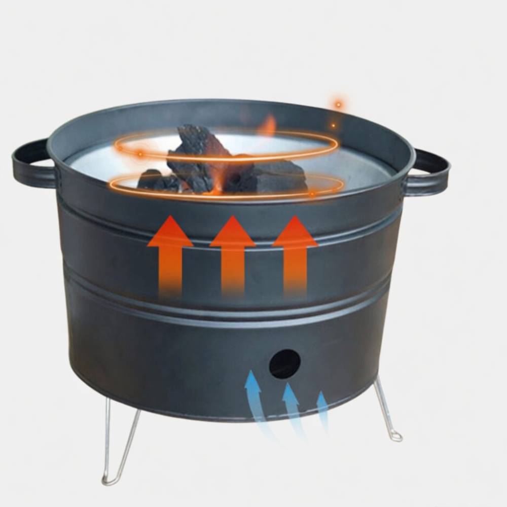 Mini barbecue à charbon portable noir, format compact avec poignées latérales et pieds stables, idéal pour pique‑niques, camping et petites terrasses.