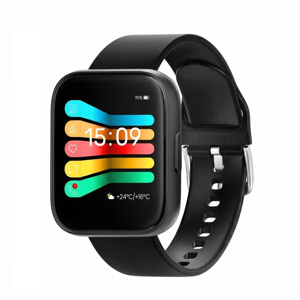 Smartwatch FLOWER noire, suivi santé et sport, notifications, écran couleur multifonctions.
