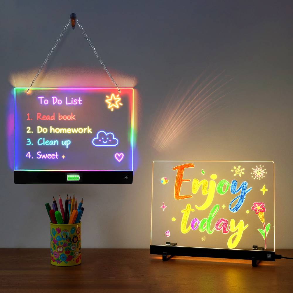 Tablette lumineuse de dessin pour enfants, en acrylique rétroéclairé avec marqueurs effaçables multicolores, base antidérapante et bouton tactile marche/arrêt, alimentée par batterie rechargeable.