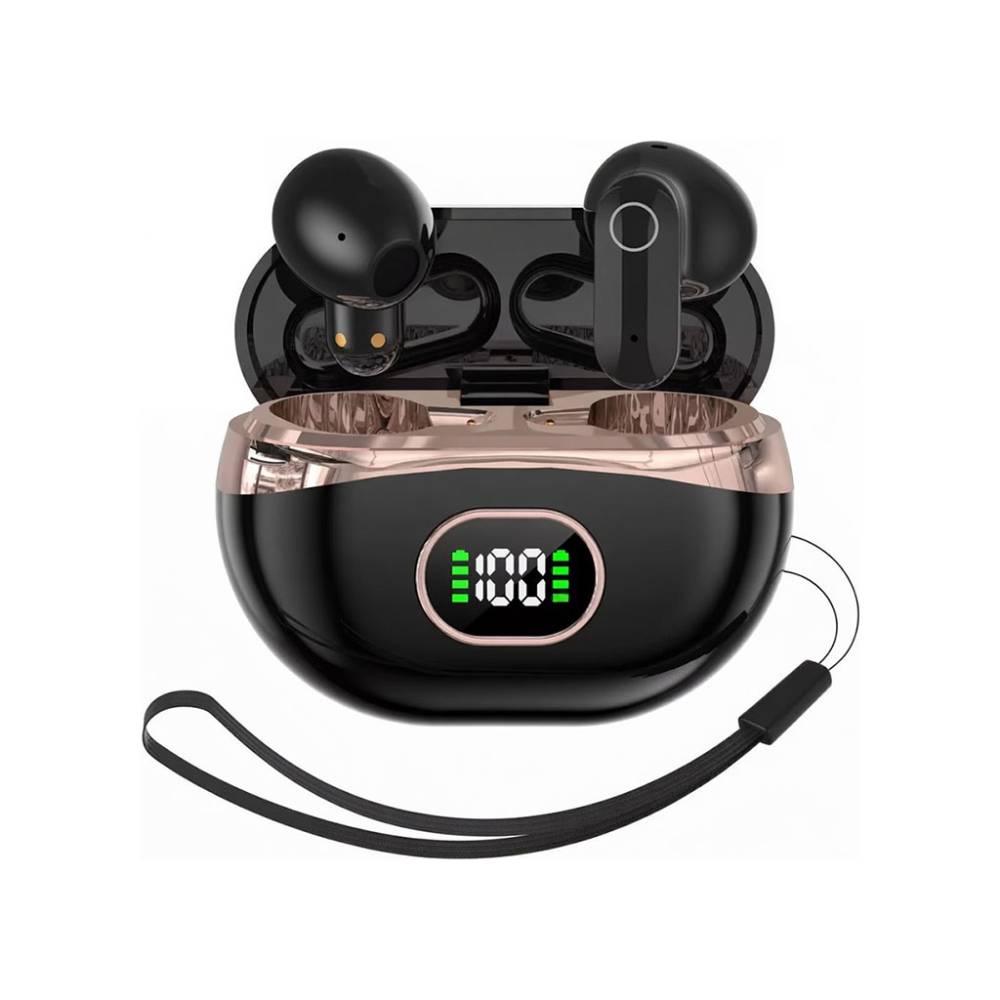    Écouteurs Bluetooth Pro8 noir brillant et rose gold, design premium avec affichage LED, autonomie 30h et résistance IPX5.