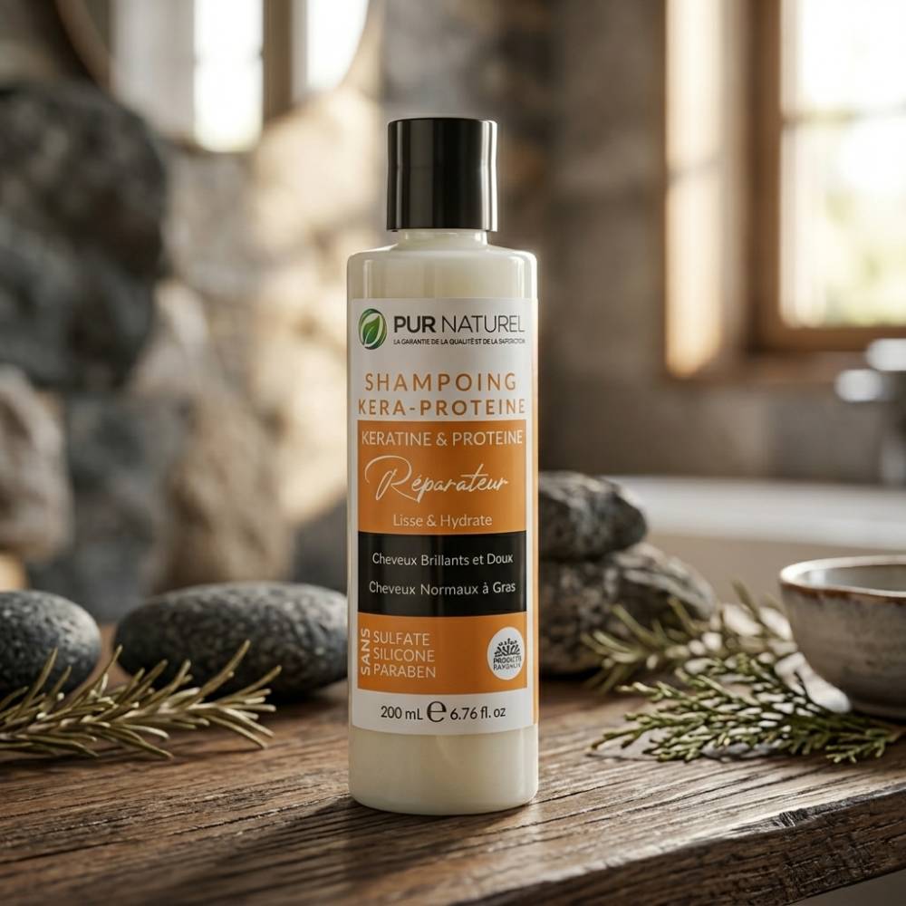 Shampoing réparateur Pur Naturel, enrichi en kératine et protéines, sans sulfate, silicone ni paraben, 200 ml.