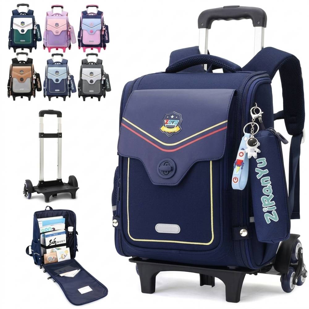 Sac scolaire à roulettes pour enfant, avec compartiment principal spacieux, poignée télescopique, roulettes silencieuses et organisation intérieure pratique.