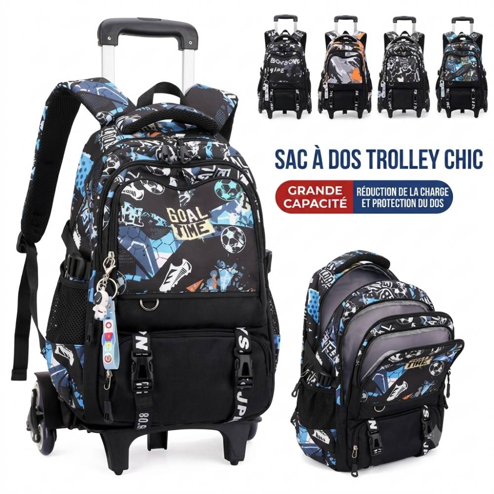 Sac à dos scolaire à roulettes grande capacité, motif sportif bleu et noir, avec plusieurs poches zippées, roulettes résistantes et système trolley pour réduire la charge sur le dos.