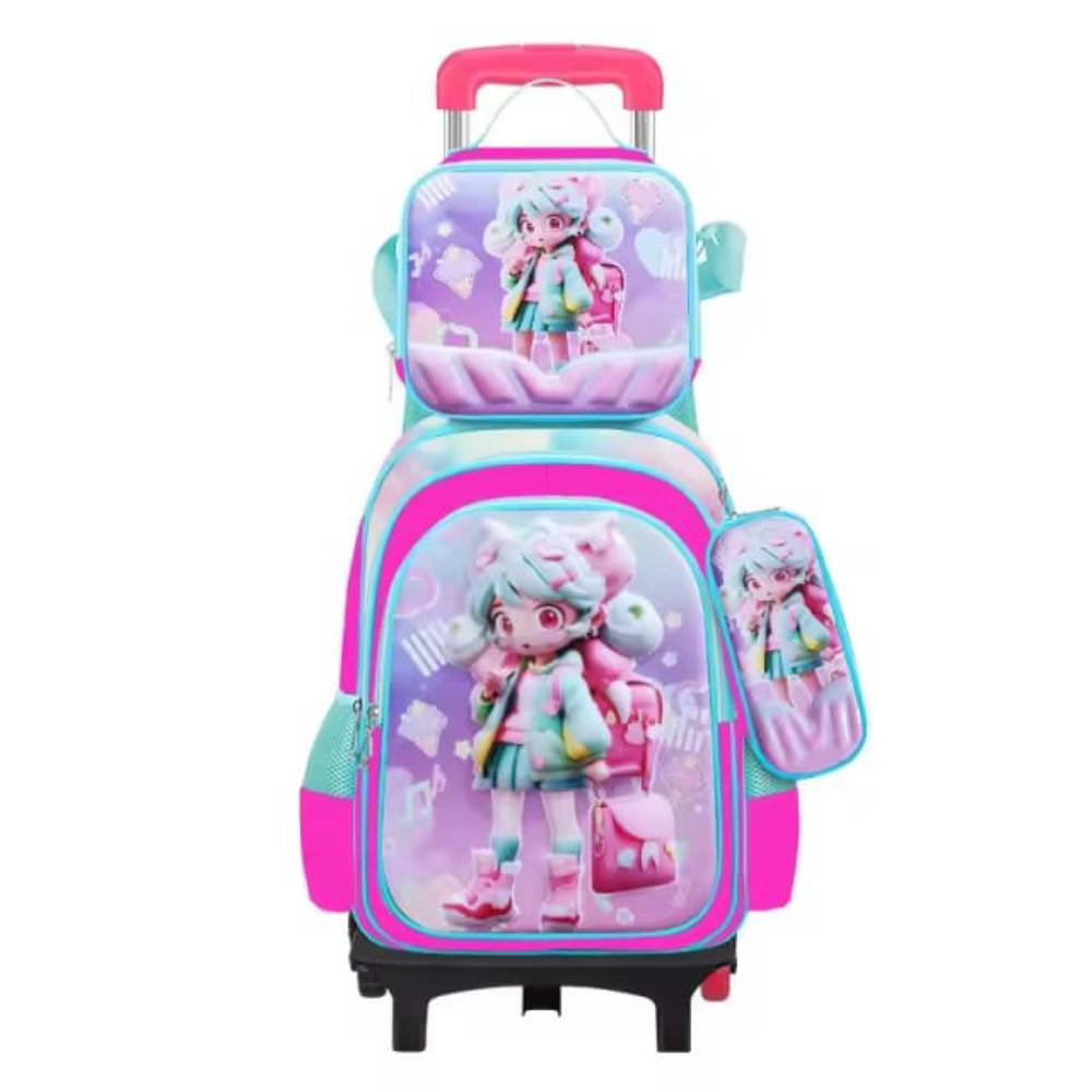 Sac à dos scolaire à roulettes pour enfants, design kawaii pastel avec personnage animé et accessoires assortis.