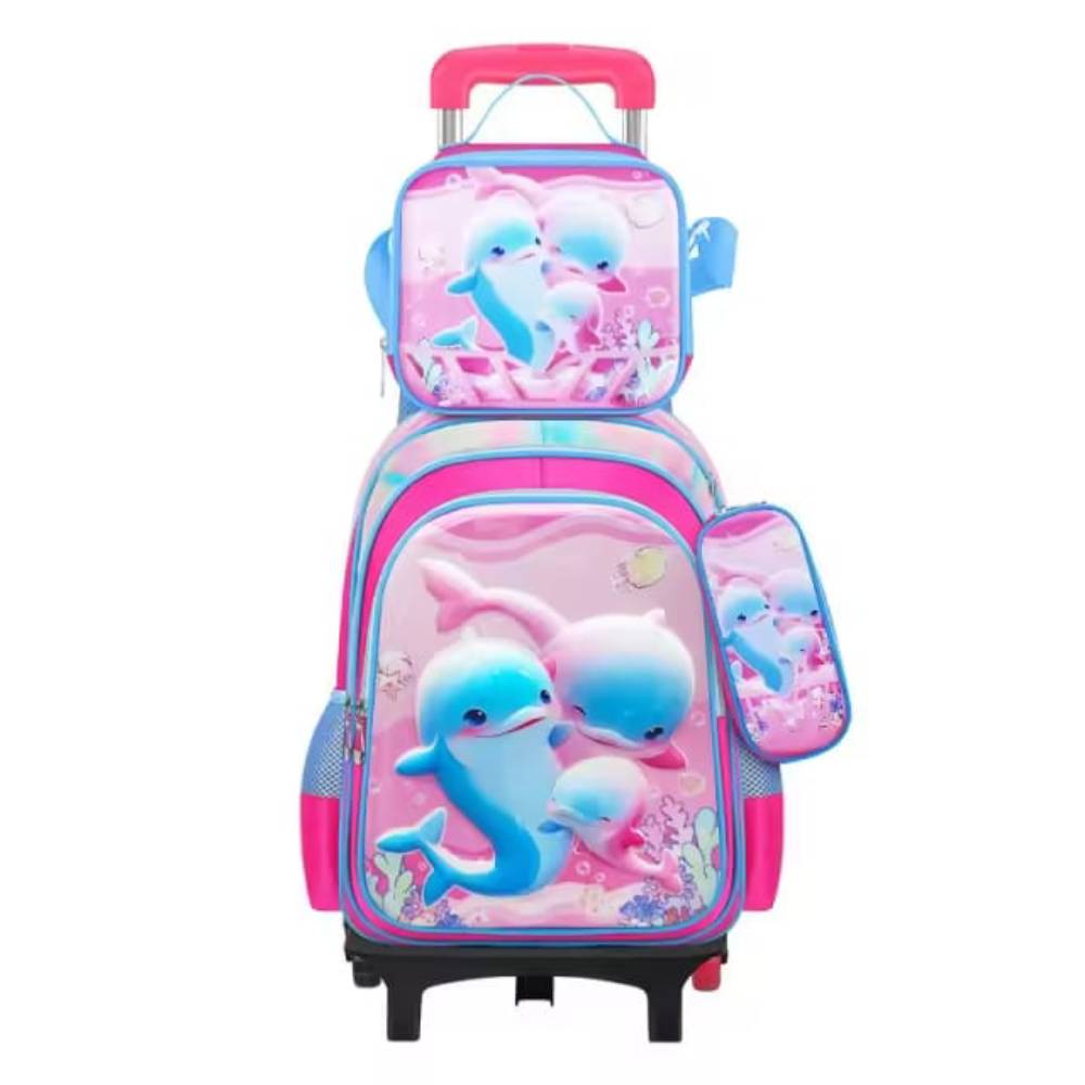 Sac à dos scolaire à roulettes pour enfants, multi-compartiments ergonomiques, couleur rose avec lunch bag et trousse assortis.