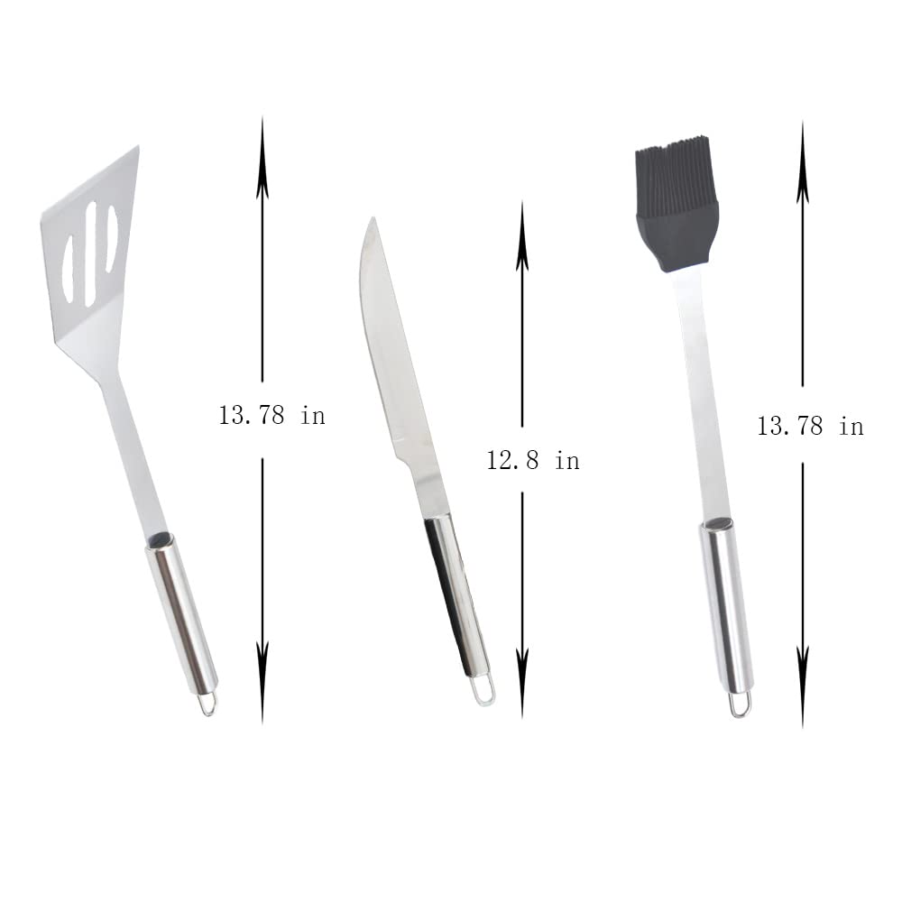 Set de 9 ustensiles de barbecue en acier inoxydable avec poignées métalliques et anneaux de suspension, présenté dans un coffret de transport zippé élégant et pratique, idéal pour grillades en extérieur.