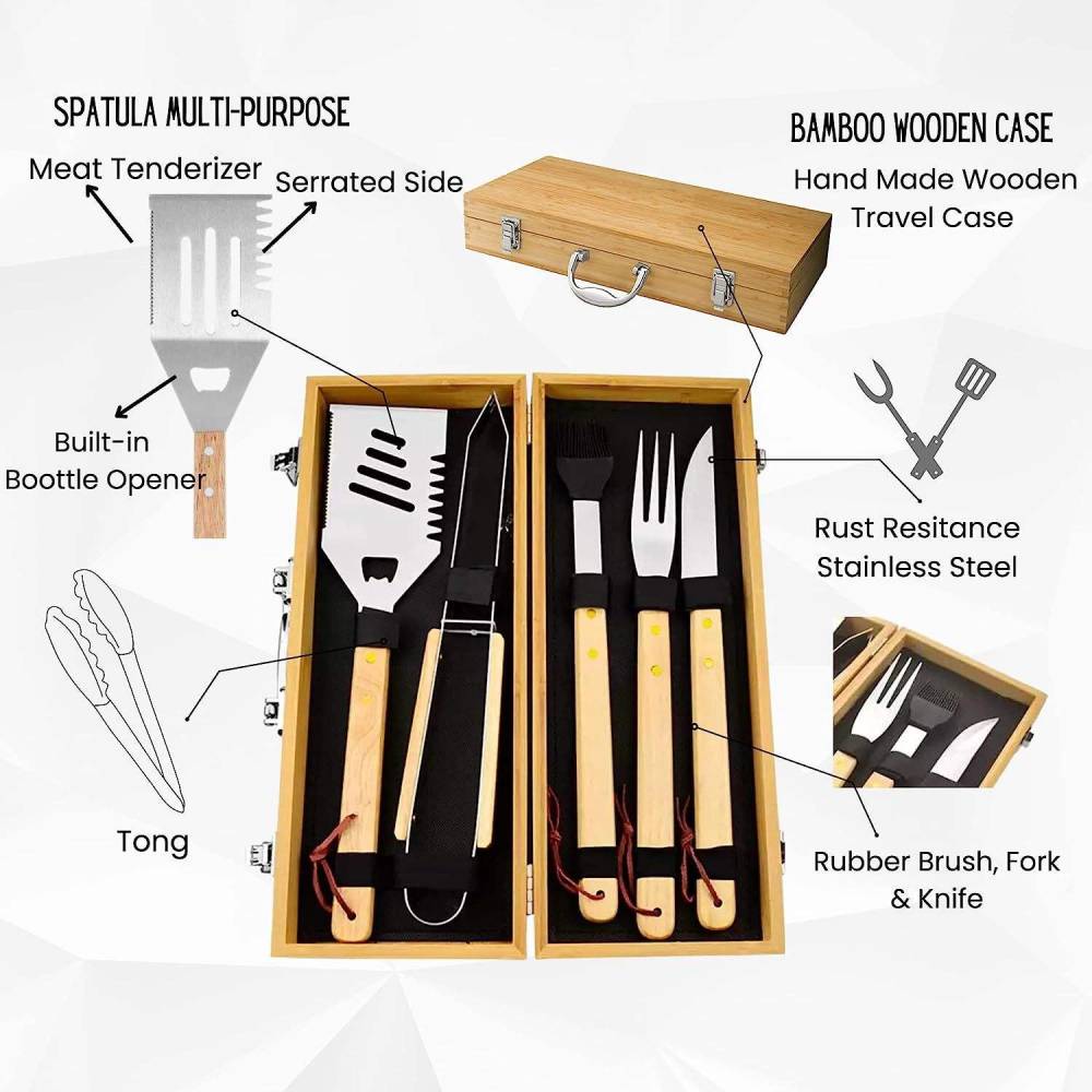 Set de 5 ustensiles de barbecue avec manches en bois et boucles en cuir, présenté dans un coffret en bois robuste et élégant, idéal pour grillades et cuisine en extérieur.