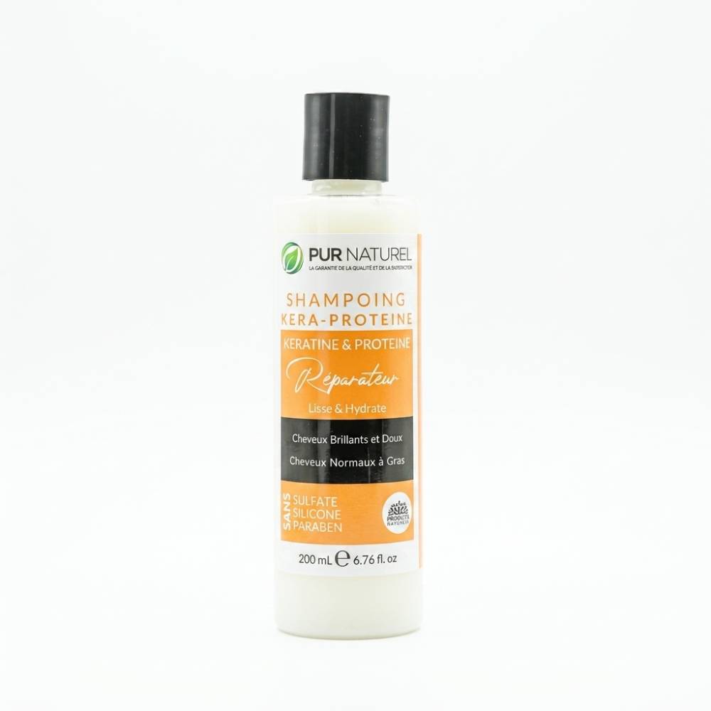 Shampoing réparateur Pur Naturel, enrichi en kératine et protéines, sans sulfate, silicone ni paraben, 200 ml.