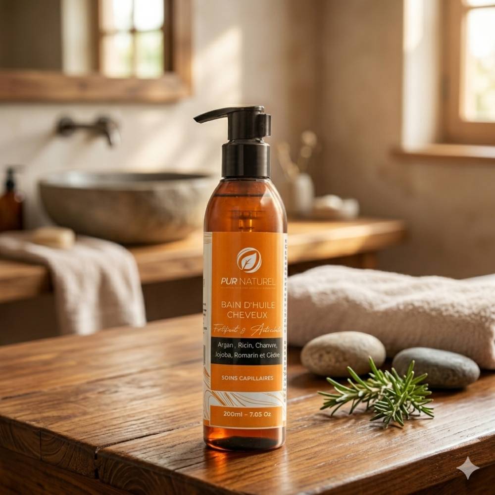  Huile capillaire fortifiante et hydratante Pur Naturel, 200 ml, aux huiles d’argan, ricin, chanvre, jojoba, romarin et cèdre.