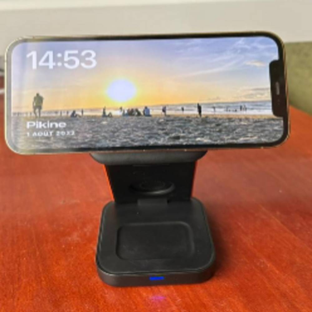 Dock de charge rapide sans fil, pliable et portable, compatible téléphone, smartwatch et écouteurs.