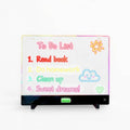 Tablette lumineuse de dessin pour enfants, en acrylique rétroéclairé avec marqueurs effaçables multicolores, base antidérapante et bouton tactile marche/arrêt, alimentée par batterie rechargeable.