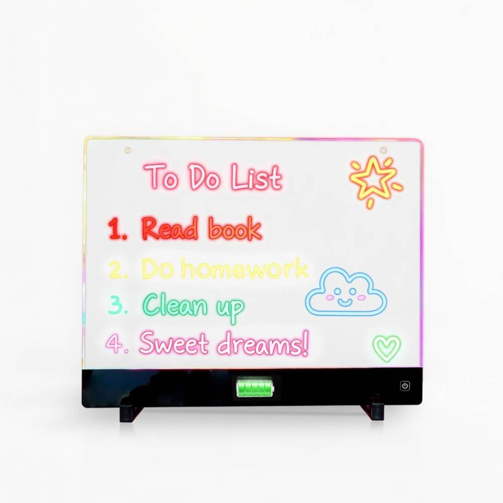 Tablette lumineuse de dessin pour enfants, en acrylique rétroéclairé avec marqueurs effaçables multicolores, base antidérapante et bouton tactile marche/arrêt, alimentée par batterie rechargeable.