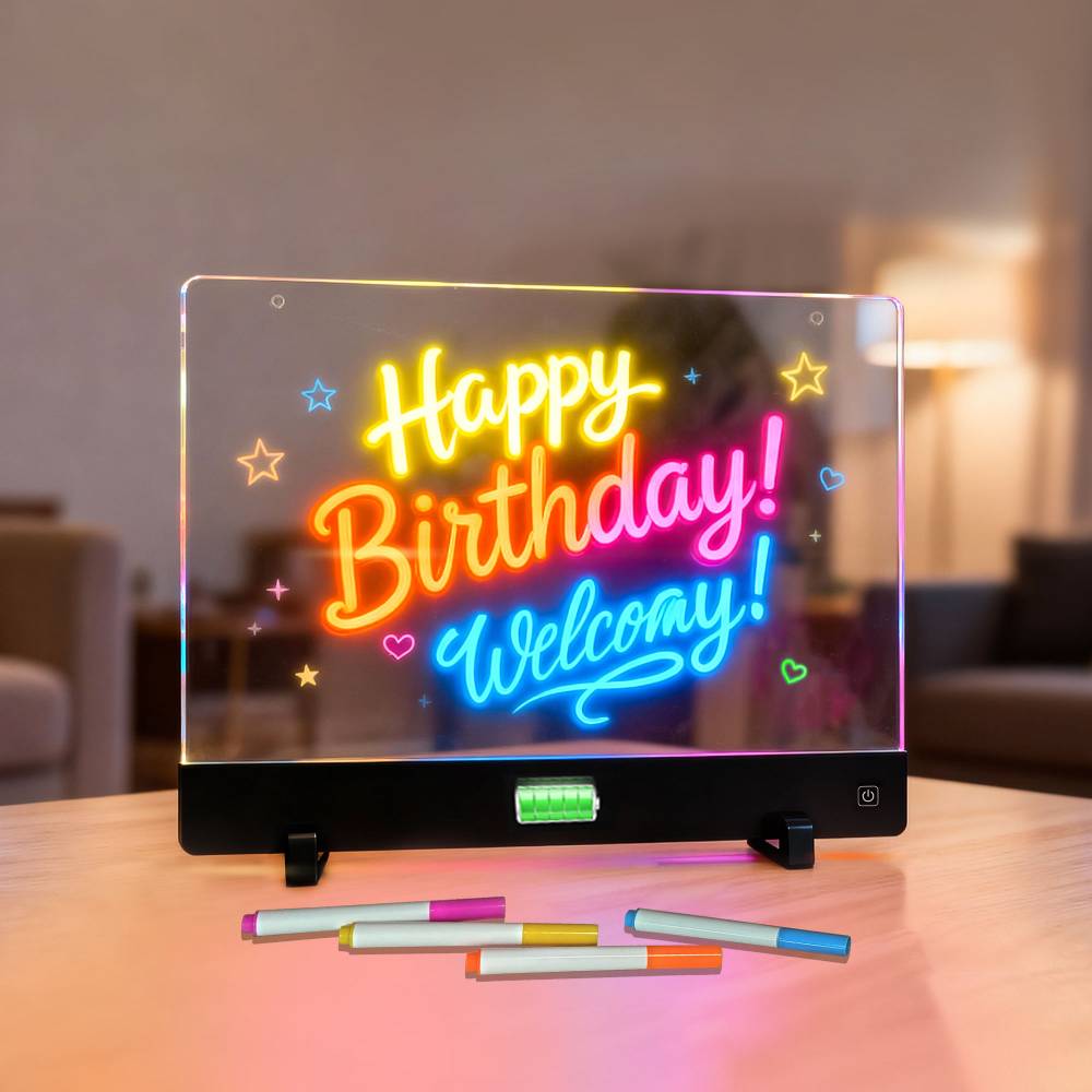 Tablette lumineuse de dessin pour enfants, en acrylique rétroéclairé avec marqueurs effaçables multicolores, base antidérapante et bouton tactile marche/arrêt, alimentée par batterie rechargeable.