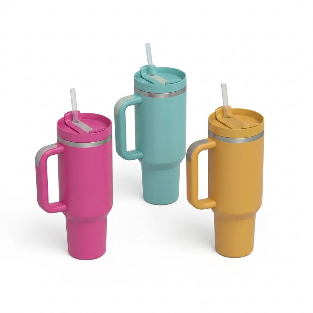 Mug inox H2.0 40oz avec poignée et paille réutilisable, idéal pour boissons chaudes ou froides, durable et pratique pour un usage quotidien.