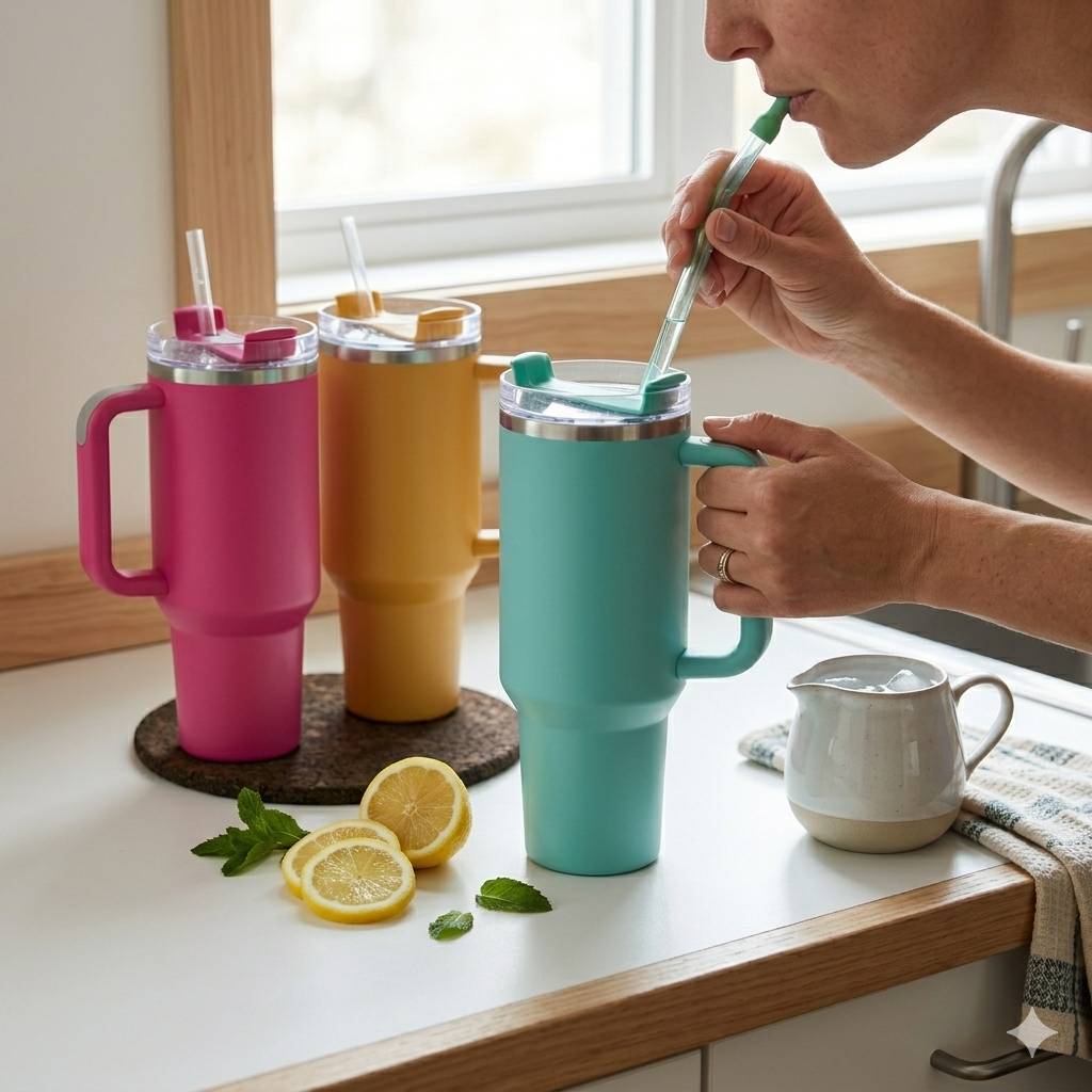 Mug inox H2.0 40oz avec poignée et paille réutilisable, idéal pour boissons chaudes ou froides, durable et pratique pour un usage quotidien.