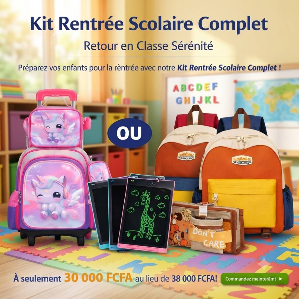 Fournitures scolaires complètes : sac à dos licorne, ardoises magnétiques, trousses et accessoires colorés pour la rentrée.