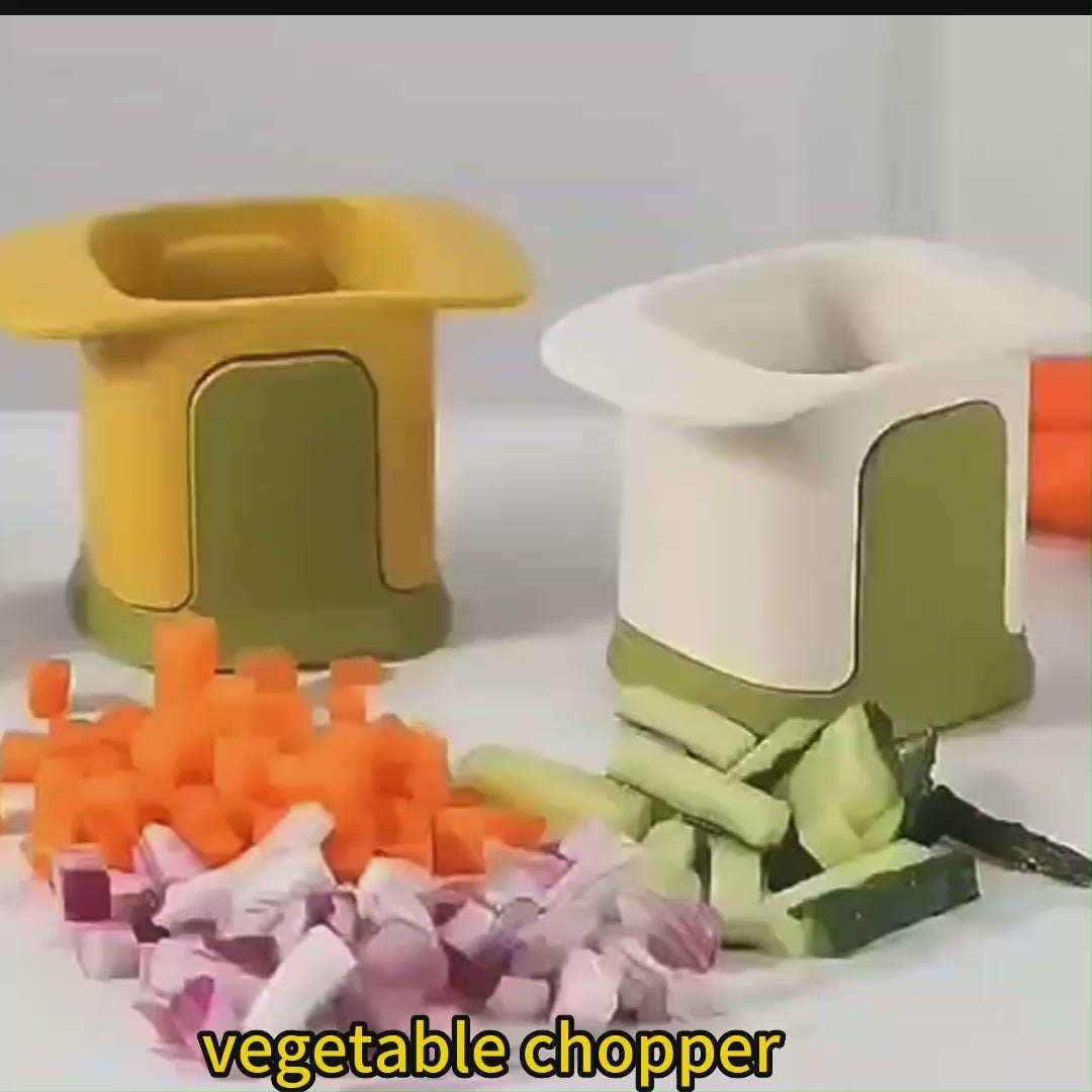 Coupe‑légumes multifonction jaune et vert avec grille de découpe, pratique pour hacher et couper légumes ou fruits en morceaux réguliers, outil compact pour cuisine organisée.