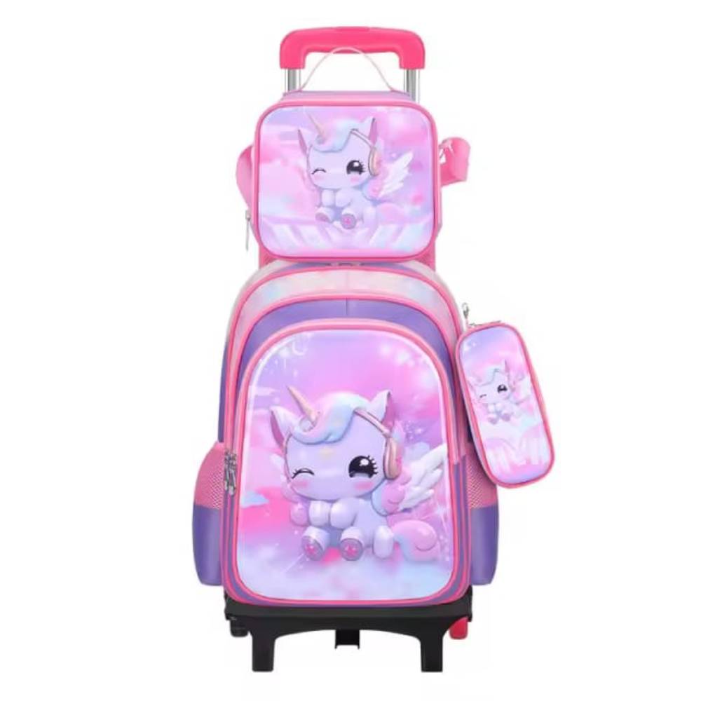 Sac à dos scolaire à roulettes pour enfants, multi-compartiments ergonomiques, couleur rose avec lunch bag et trousse assortis.