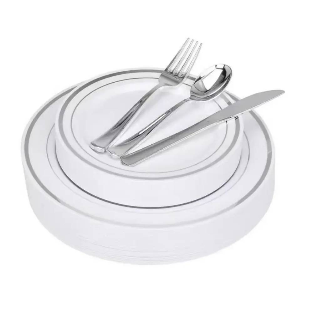 Service de table jetable de luxe doré, argenté ou rose gold, assiettes, verres et couverts élégants pour mariages, buffets et réceptions