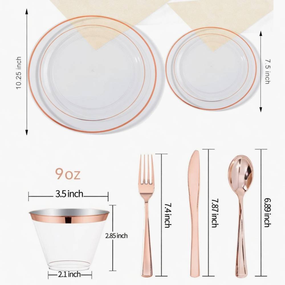 Service de table jetable de luxe doré, argenté ou rose gold, assiettes, verres et couverts élégants pour mariages, buffets et réceptions.
