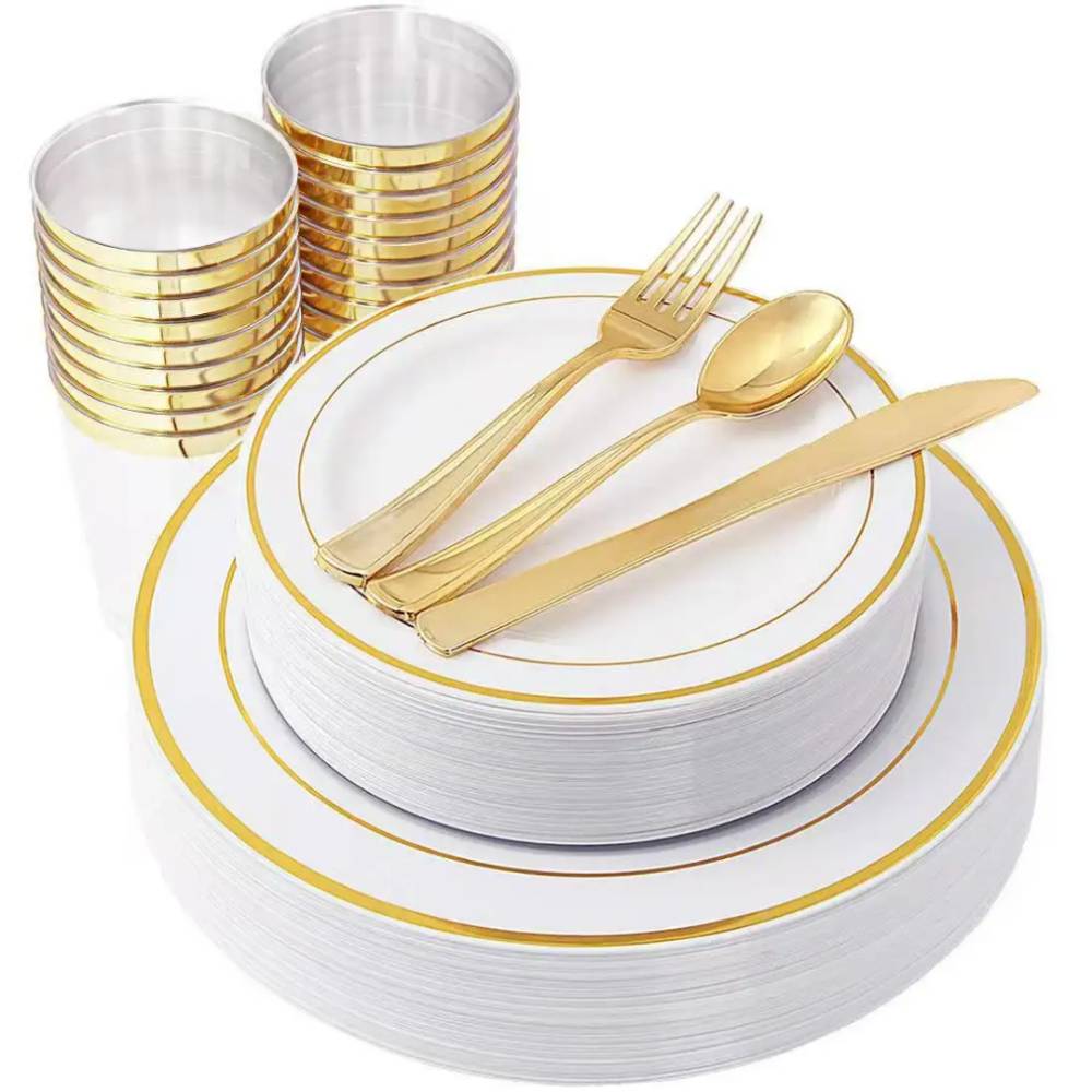 Service de table jetable de luxe doré, argenté ou rose gold, assiettes, verres et couverts élégants pour mariages, buffets et réceptions.